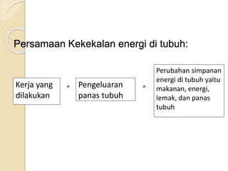 Persamaan Kekekalan energi di tubuh: 
Perubahan simpanan 
energi di tubuh yaitu 
makanan, energi, 
lemak, dan panas 
tubuh 
Pengeluaran 
panas tubuh 
Kerja yang 
dilakukan 
+ = 
 
