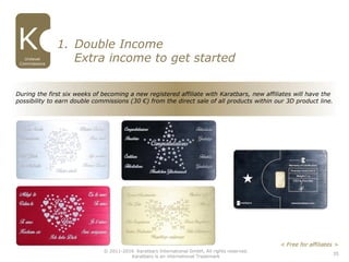 During the first six weeks of becoming a new registered affiliate with Karatbars, new affiliates will have the
possibility to earn double commissions (30 €) from the direct sale of all products within our 3D product line.
35
1. Double Income
Unilevel
Commissions
Extra income to get started
© 2011-2016 Karatbars International GmbH, All rights reserved.
Karatbars is an international Trademark
< Free for affiliates >
 