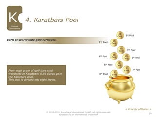 39
Earn on worldwide gold turnover.
4. Karatbars Pool
4th Pool
1st Pool
2nd Pool
3rd Pool
6th Pool
7th Pool
8th Pool
5th Pool
From each gram of gold bars sold
worldwide in Karatbars, 0.95 Euros go in
the Karatbars pool.
This pool is divided into eight levels.
Unilevel
Commissions
© 2011-2016 Karatbars International GmbH, All rights reserved.
Karatbars is an international Trademark
< Free for affiliates >
 