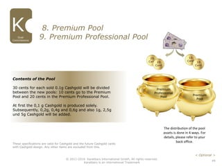 49
Dual
Commissions
© 2011-2016 Karatbars International GmbH, All rights reserved.
Karatbars is an international Trademark
8. Premium Pool
9. Premium Professional Pool
These specifications are valid for Cashgold and the future Cashgold cards
with Cashgold design. Any other items are excluded from this.
Contents of the Pool
30 cents for each sold 0.1g Cashgold will be divided
between the new pools: 10 cents go to the Premium
Pool and 20 cents in the Premium Professional Pool.
At first the 0,1 g Cashgold is produced solely.
Subsequently, 0,2g, 0,4g and 0,6g and also 1g, 2,5g
und 5g Cashgold will be added.
The distribution of the pool
assets is done in 4 ways. For
details, please refer to your
back office.
< Optional >
Premium
Professional
Pool
Premium
Pool
 