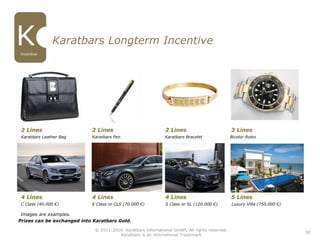 2. Lines
2. Lines
4. Lines
5. Lines
3. Lines
4. Lines
Incentive
2. Lines
5. Lines
3. Lines
Images are examples.
Prizes can be exchanged into Karatbars Gold.
4 Lines 4 Lines 4 Lines 5 Lines
C Class (40.000 €) E Class or CLS (70.000 €) S Class or SL (120.000 €) Luxury Villa (750.000 €)
2 Lines 2 Lines 2 Lines 3 Lines
Karatbars Leather Bag Karatbars Pen Karatbars Bracelet Bicolor Rolex
Karatbars Longterm Incentive
50
© 2011-2016 Karatbars International GmbH, All rights reserved.
Karatbars is an international Trademark
Incentive
 