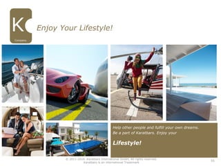 55
Help other people and fulfill your own dreams.
Be a part of Karatbars. Enjoy your
Lifestyle!
Enjoy Your Lifestyle!
Company
© 2011-2016 Karatbars International GmbH, All rights reserved.
Karatbars is an international Trademark
 