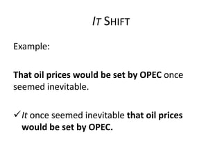IT SHIFT
Example:
That oil prices would be set by OPEC once
seemed inevitable.
It once seemed inevitable that oil prices
would be set by OPEC.

 