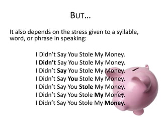 BUT…
It also depends on the stress given to a syllable,
word, or phrase in speaking:
I Didn’t Say You Stole My Money.
I Didn’t Say You Stole My Money.
I Didn’t Say You Stole My Money.
I Didn’t Say You Stole My Money.
I Didn’t Say You Stole My Money.
I Didn’t Say You Stole My Money.
I Didn’t Say You Stole My Money.

 