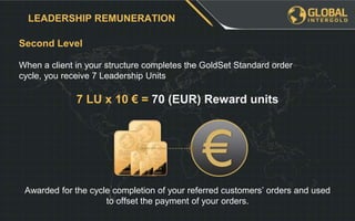Second Level
LEADERSHIP REMUNERATION
When a client in your structure completes the GoldSet Standard order
cycle, you receive 7 Leadership Units
7 LU x 10 € = 70 (EUR) Reward units
Awarded for the cycle completion of your referred customers’ orders and used
to offset the payment of your orders.
 