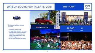 15
All-Russian DATSUN contest
included:
• Showing cars in malls.
• A large-scale picnic in the main
squares of Russian cities with
activities in the open air, fair
food, urban test drive of the
model range.
• A big show program on stage
86 000
guests
11
cities
DATSUN LOOKS FOR TALENTS, 2015 BTL-TOUR
 