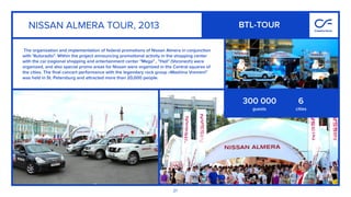 21
The organization and implementation of federal promotions of Nissan Almera in conjunction
with "Autoradio". Within the project announcing promotional activity in the shopping center
with the car (regional shopping and entertainment center "Mega" , "Hail" (Voronezh) were
organized, and also special promo areas for Nissan were organized in the Central squares of
the cities. The ﬁnal concert performance with the legendary rock group «Mashina Vremeni"
was held in St. Petersburg and attracted more than 20,000 people.
300 000
guests
6
cities
NISSAN ALMERA TOUR, 2013 BTL-TOUR
 