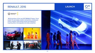 24
World premiere of the new SUV RENAULT Kaptur. Three
events: for journalists, dealers and partners, employees
of the company. Full hosting events and staging an
inspiring show, choreography and video projection.
RENAULT, 2016 LAUNCH
 