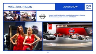 26
MIAS, 2014, NISSAN
Hosting stands, development and daily organization of theatrical
ﬂash-mob shows, world premieres at MIAS 2014.
AUTO SHOW
 