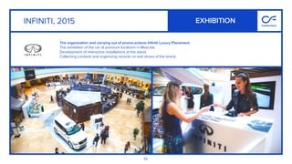 32
The organization and carrying out of promo-actions Inﬁniti Luxury Placement.
The exhibition of the car at premium locations in Moscow.
Development of interactive installations at the stand.
Collecting contacts and organizing records on test drives of the brand.
INFINITI, 2015 EXHIBITION
 