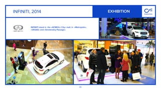 35
INFINITI stand in the «AFIMOLL City» mall, in «Metropolis»,
«VEGAS» and «Smolenskiy Passage».
INFINITI, 2014 EXHIBITION
 