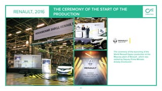 41
RENAULT, 2016
The ceremony of the launching of the
World Renault Kaptur production at the
Moscow plant of Renault , which was
visited by Deputy Prime Minister
Arkady Dvorkovich .
THE CEREMONY OF THE START OF THE
PRODUCTION
 