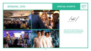45
BINBANK, 2015
Gala dinner for 120 VIP clients at the
restaurant "Korushka", St. Petersburg.
The Performance of the «Quartet I".
SPECIAL EVENTS
 