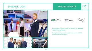 48
BINBANK, 2014
Organization of special events for clients of the BINBANK -
«School of virtual pilots".
During the event guests were able to try out the BOEING
professional ﬂight simulators.
SPECIAL EVENTS
 