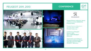 49
PEUGEOT 2011, 2013
Peugeot Russia conference. Venue:
conference centre SWISSOTEL
Krasnye Holmy
Peugeot Russia conference in
mid-2013. Place: AVES-
PEUGEOT (Moscow).
Conference of Peugeot
Russia in 2011.
Place: AVES-PEUGEOT
(Moscow).
Organization and holding of
the press conference with the
new CEO of the DC "AVES-
PEUGEOT" (Moscow.)
CONFERENCE
 