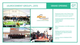 51
«EUROCEMENT GROUP», 2013
Hosting the stand at the «Partner Day»
event: St Petersburg, Samara, Yaroslavl,
Kazan, Ryazan, Krasnoyarsk, Vladimir.
Hosting the stand at the Russian National
Theatre Festival
"Golden Mask».
Moscow.
Sochi. Participation in the XIII Investment
Forum.
Sochi.
Building and hosting a booth at the
specialized inter-regional exhibition
«Construction".
Voronezh.
Hosting a stand at «MosBuild 2013».
Moscow.
GRAND OPENING
 