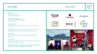 58
OTHER
Genser
Presentation of the
Volkswagen Touareg car.
JSC «Energosbytovaya
company of the Moscow region»
Corporate party.
Submitter Rus
«Burlesque Extravaganza Show», performance of the Messer
Chups group.
«Gipsy Queens», presentation of the photo exhibition of Anna
Skladman’s work, performance of the«Pompeya» group.
Bacardi Rus
Promo-action of the Martini Royale cocktail in the GIPSY.
nightclub
JSC «Bayer»
Organizing, building and maintaining of the Bayer stands at the
«Mother and Child» exhibition.
EMG, «Europa Plus» radio station. Organizing and maintaining
of VIP zones at the «Europe Plus Life» festival.
2011-2012
 