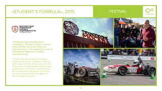 68
«STUDENT’S FORMULA», 2015
The Moscow leg of the Motorsport
competitions "Student's formula". 8 teams
presented their racing cars before the
international jury and competed for prizes in
nine diﬀerent categories, including
endurance racing.
Guests of the festival visited the master-
classes of the famous Champions of motor
sport, auto and motor shows, show cars and
motorcycles, karting, themed children's area,
entertainment area, food on wheels festival
and a tutorial from specialized Universities.
The event was attended by the Mayor of
Moscow Sergey Sobyanin.
FESTIVAL
 