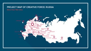 7
Moscow
PROJECT MAP OF CREATIVE FORCE: RUSSIA
More than 150 cities
Murmansk
Saint-Petersburg
Petrozavodsk
Arkhangelsk
Tver’
Vladimir
Velikiye
Novgorod
Tula
Kaluga
Bryansk
Belgorod
Ryazan’
Lipitsk
Nizhniy
Novgorod
Yaroslavl’
Ivanovo
Ulyanovsk regionТольятти
Sterlitamak
Kazan’
Orenburg
VolgogradKrasnodar
Novorossiysk
Sochi Mineral Waters
Grozny
Stavropol
Tambov
Saratov
Samara
Vologda
Saransk Syktyvkar
Perm’
Ijevsk
Naberezhnye
Chelny
Ekaterinburg
Nefteyugansk
SurgutOmskTumen
Chelyabinsk
Magnitogorsk
Novokuznetsk
Novosibirsk
Tomsk
Kemerovo
Krasnoyarsk
Irkutsk
Kaliningrad
Rostov-on-Don
 