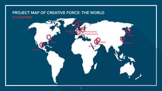 8
Dubai
Paris
Tokio
Silverstone
Spa-Frankorshamp
Le-Mann Nurburgring
Mexico
Shanghai
Bahrein
Texas
PROJECT MAP OF CREATIVE FORCE: THE WORLD
9 COUNTRIES
 