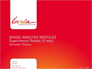 June 13, 2018
MASSE ANALYSIS MODULES
Experimental Results (6 mos)
Alexander Zhdanov
MASSE
TAMIS
Inria Rennes-
Bretagne Atlantique
 
