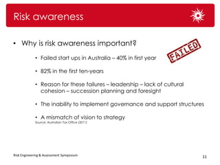 Risk awareness

• Why is risk awareness important?
             • Failed start ups in Australia – 40% in first year

             • 82% in the first ten-years

             • Reason for these failures – leadership – lack of cultural
               cohesion – succession planning and foresight

             • The inability to implement governance and support structures

             • A mismatch of vision to strategy
             Source: Australian Tax Office (2011)




Risk Engineering & Assessment Symposium                                    11
 