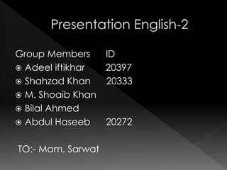 Group Members ID
 Adeel iftikhar 20397
 Shahzad Khan 20333
 M. Shoaib Khan
 Bilal Ahmed
 Abdul Haseeb 20272
TO:- Mam. Sarwat
 