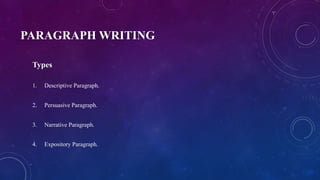 PARAGRAPH WRITING
Types
1. Descriptive Paragraph.
2. Persuasive Paragraph.
3. Narrative Paragraph.
4. Expository Paragraph.
 