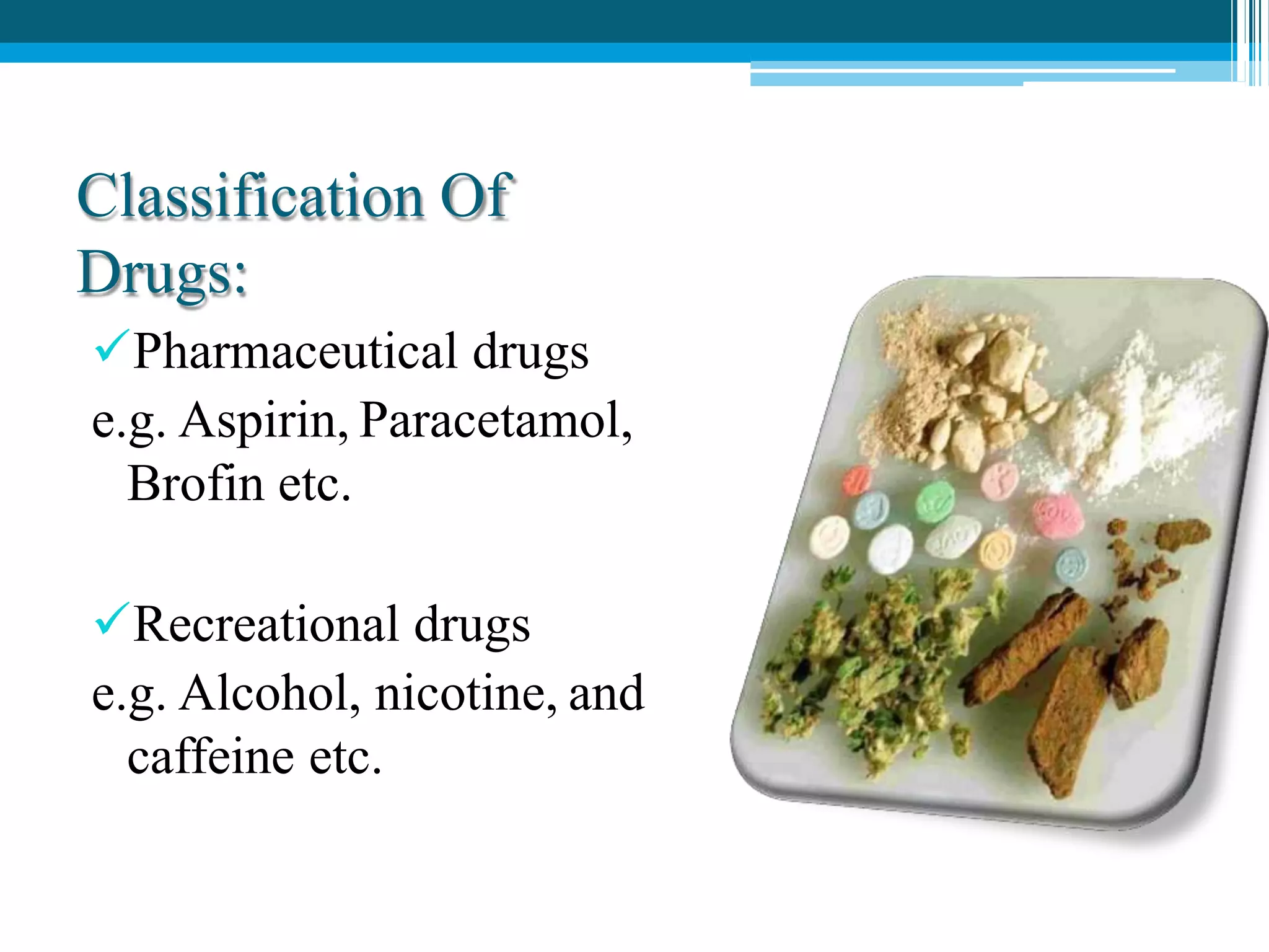 Classification Of
Drugs:
Pharmaceutical drugs
e.g. Aspirin, Paracetamol,
Brofin etc.
Recreational drugs
e.g. Alcohol, nicotine, and
caffeine etc.
 
