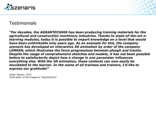 Kundenstimmen
“szenaris has accompanied our ‘Safety at Work’ online training
from design through implementation.
Our individual requirements have been met with patience and dedication
and szenaris has delivered an outstanding product.
The result is exactly as expected and our employees enjoy working
Through the training programme.
We feel comfortable and well advised with szenaris.
A competent representative is always available and our requests are processed
quickly and straightforward.
We can recommend szenaris as a reliable, dedicated and trustworthy partner:
It is fun to work with them.”
Heike Hoque, 2015
Manager Corporate Strategy & Processes
Hahn Air Lines
 