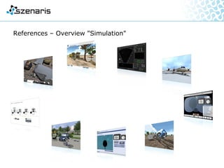 Diving Equipment – Interactive Training
• Contents: Instruction in "Stealth EOD M" and
"LAR VII" diving equipment and
simulation of the electronically
controlled "Stealth EOD M" in
virtual dives
• Target group: German Navy mine
clearance divers
• Languages:
• Features: SCORM-compatible instruction
modules
Simulation platform:
Java 2 & Java 3D,
missions freely configurable
• Produced for: German Navy
 