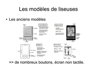 Les modèles de liseuses
● Les anciens modèles
=> de nombreux boutons, écran non tactile.
 