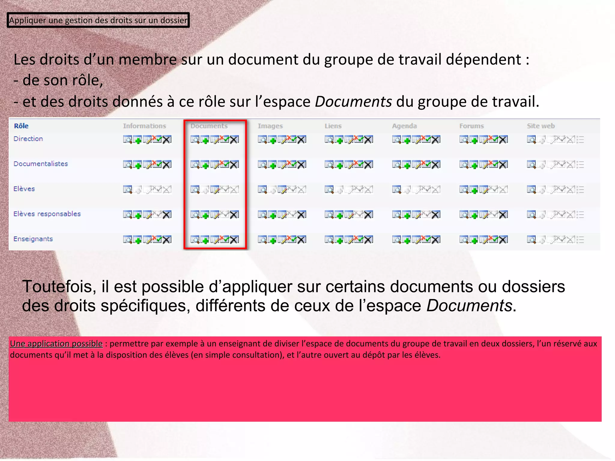 Appliquer une gestion des droits sur un dossier



 Les droits d’un membre sur un document du groupe de travail dépendent : 
 - de son rôle, 
 - et des droits donnés à ce rôle sur l’espace Documents du groupe de travail. 




   Toutefois, il est possible d’appliquer sur certains documents ou dossiers
   des droits spécifiques, différents de ceux de l’espace Documents.

Une application possible : permettre par exemple à un enseignant de diviser l’espace de documents du groupe de travail en deux dossiers, l’un réservé aux 
Une application possible
documents qu’il met à la disposition des élèves (en simple consultation), et l’autre ouvert au dépôt par les élèves.
 