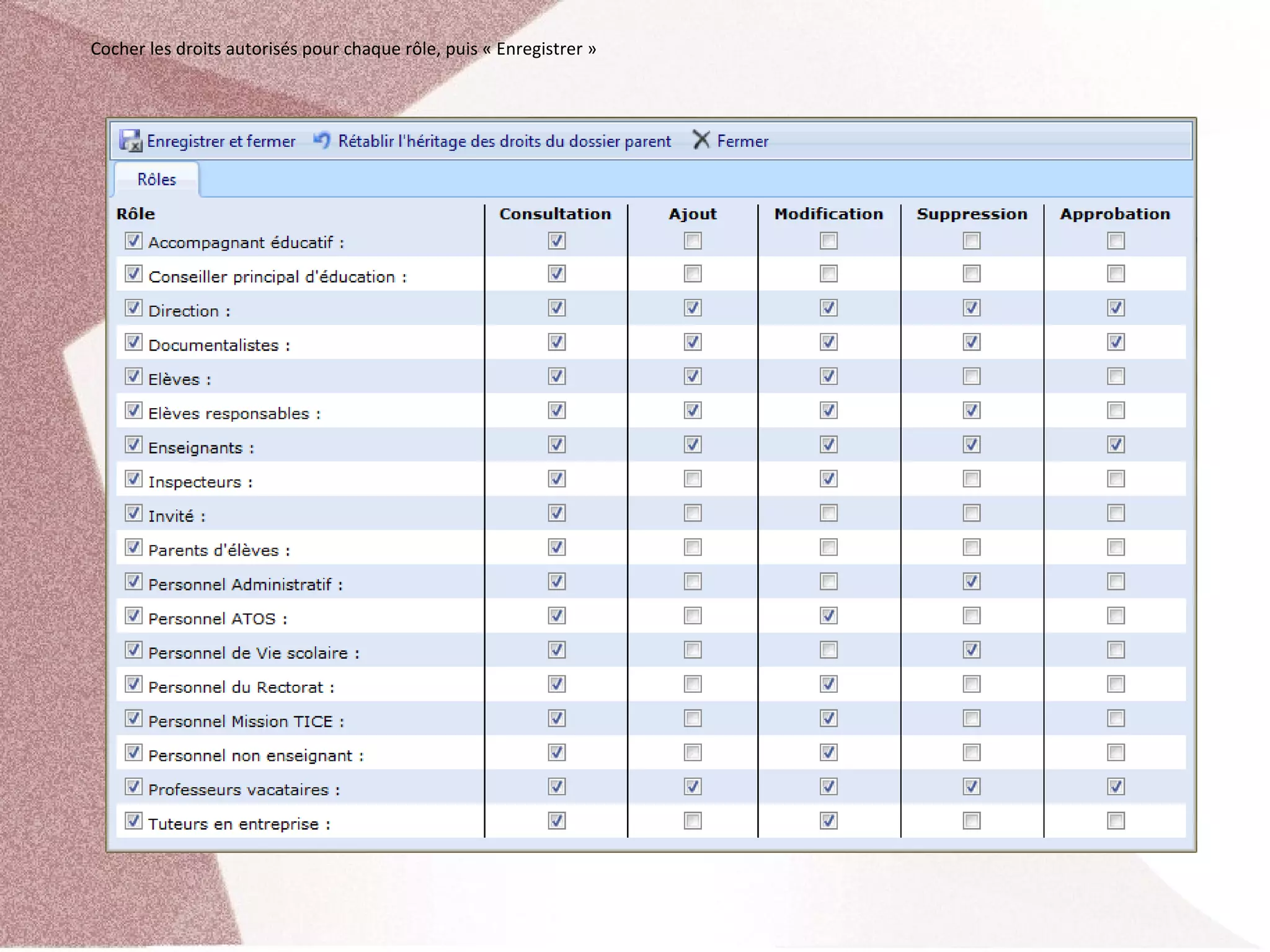 Cocher les droits autorisés pour chaque rôle, puis « Enregistrer »
 