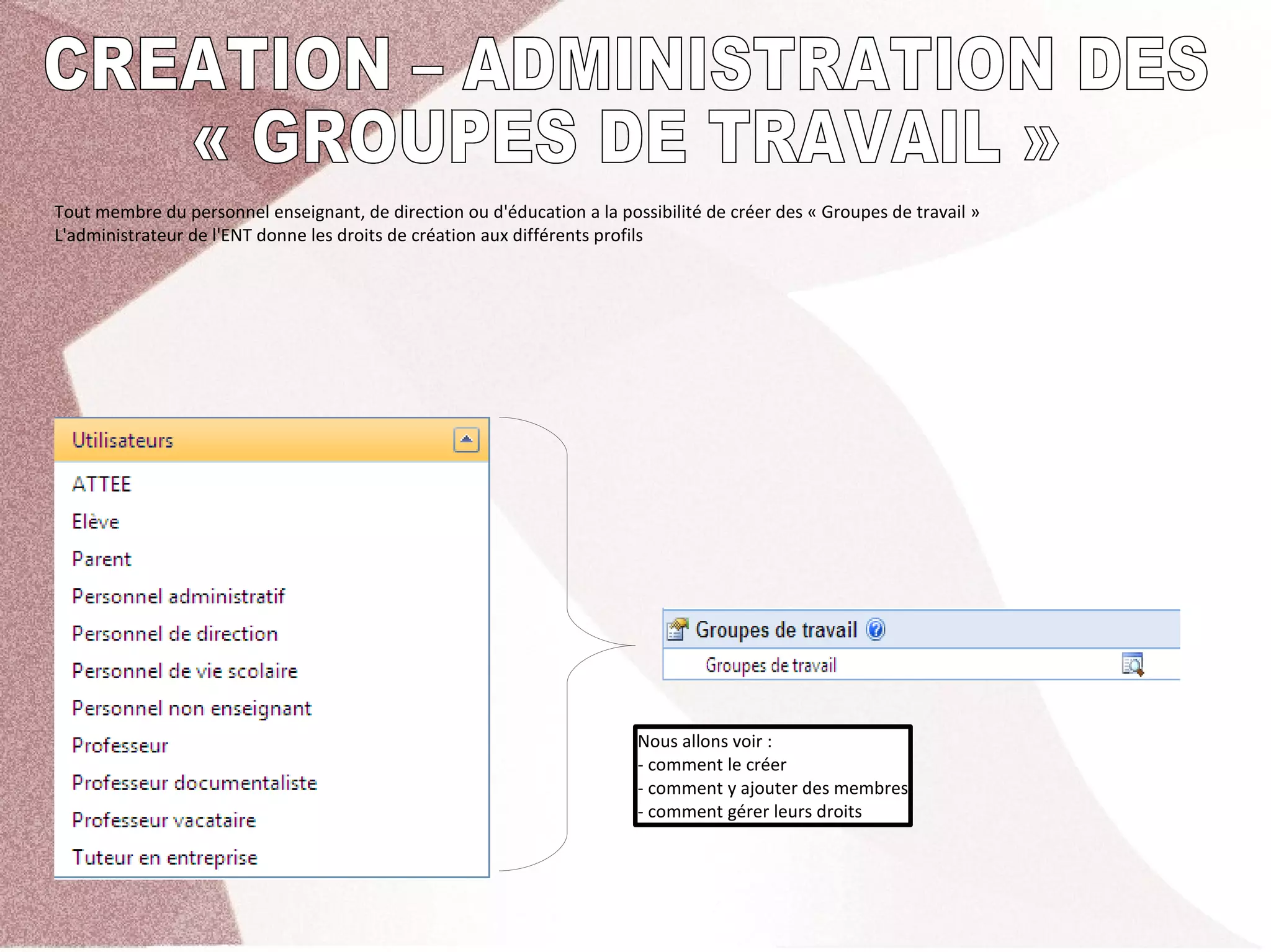 Tout membre du personnel enseignant, de direction ou d'éducation a la possibilité de créer des « Groupes de travail »
L'administrateur de l'ENT donne les droits de création aux différents profils




                                                                         Nous allons voir :
                                                                         - comment le créer
                                                                         - comment y ajouter des membres
                                                                         - comment gérer leurs droits
 