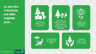 Le service
Treezmas,
une idée
originale
pour...
11
OFFRIR UN
SAPIN À VOS
CLIENTS
RENDRE LE
BUREAU FESTIF, 
DÉCORER LA
VITRINE DE SON
MAGASIN
CRÉER UN
ÉVÉNEMENT
INTERNE
N’AVOIR À SE
SOUCIER DE
RIEN
DONNER
UNE 2NDE VIE
À UN SAPIN
Offre entreprises 2016
 