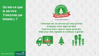 Qu’est-ce que
le service
Treezmas par
botanic ?
3
Treezmas est un service qui vous permet
d’adopter votre sapin de Noël
Il est livré chez vous et repris après les
fêtes pour être replanté et continuer à grandir.
Offre entreprises 2016
 