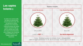 Sapins coupés
Grand Nordmann Très Grand Nordmann
2m à 2,25m 3m à 4m
à partir de 120€ HT Sur devis uniquement
Inclus : livraison au jour et créneau choisi + récupération
dans la région parisienne 75, 92, 93 et lyonnaise. Autres régions sur devis.
Au-delà d’une certaine taille,
les sapins ne peuvent plus
survivre dans leurs pots. Aﬁn
de répondre au besoin
spéciﬁque des entreprises,
Treezmas propose des sapins
coupés de grande taille qui
sont co-voiturés pour limiter
leur impact environnemental,
puis s’engage à les revaloriser
après les fêtes pour une
meilleure gestion des
ressources.
Les sapins
botanic
Offre entreprises 2016 8
 