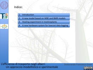 Indice:IntroductionA new model based on WBE and BMR models Heating experiment in treelineplantsA new hardware system for lowcost data-logging L’efficienza di trasporto negli alberi:Un approccio modellistico e sperimentaleDottorando Francesco Grani