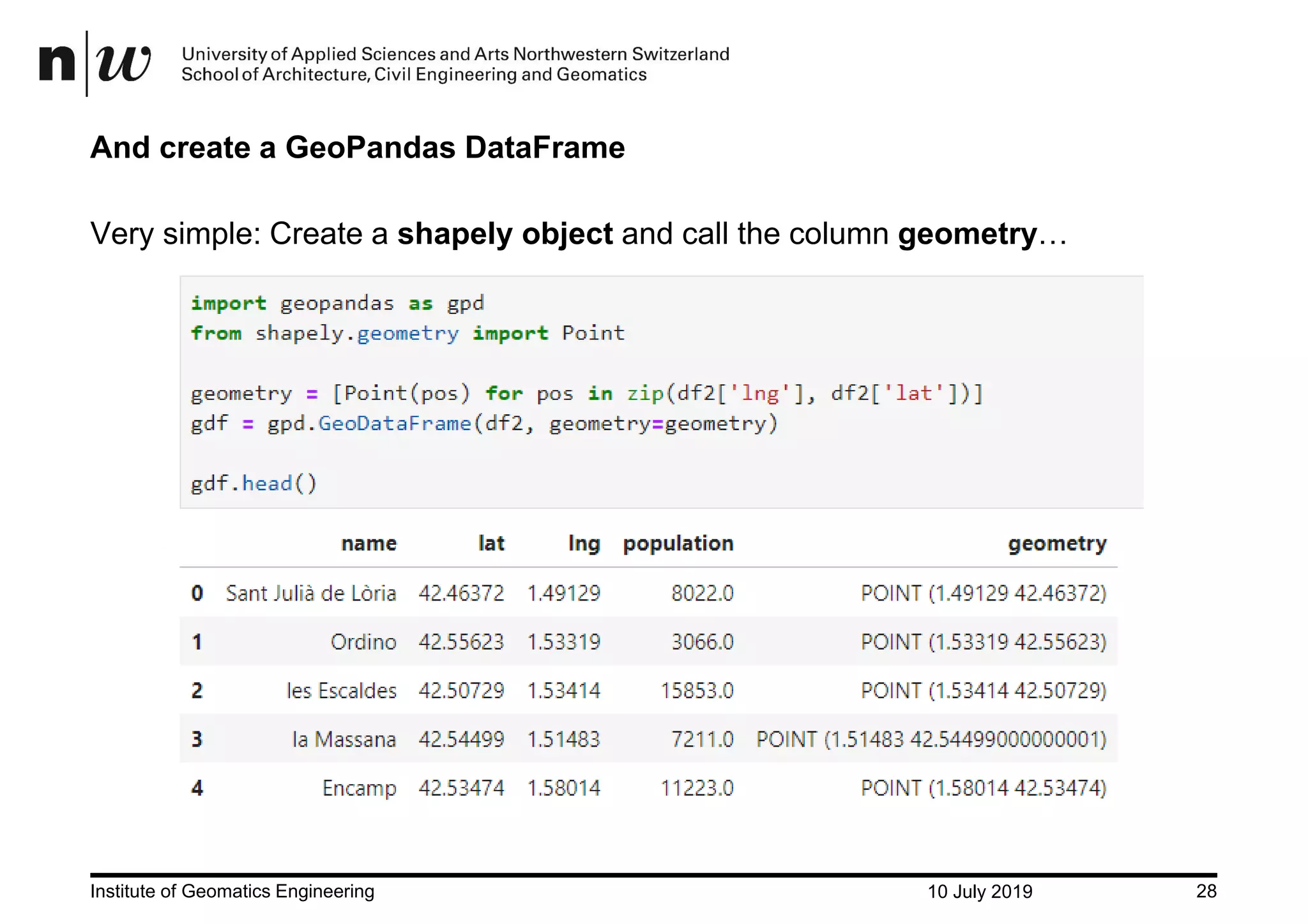10 July 2019Institute of Geomatics Engineering 28 And create a GeoPandas DataFrame Very simple: Create a shapely object and call the column geometry… 
