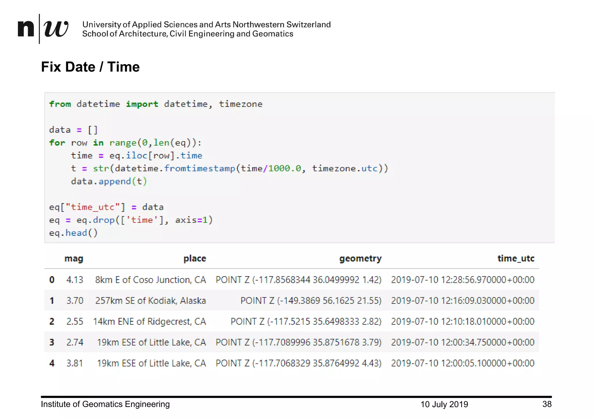 10 July 2019Institute of Geomatics Engineering 38 Fix Date / Time 