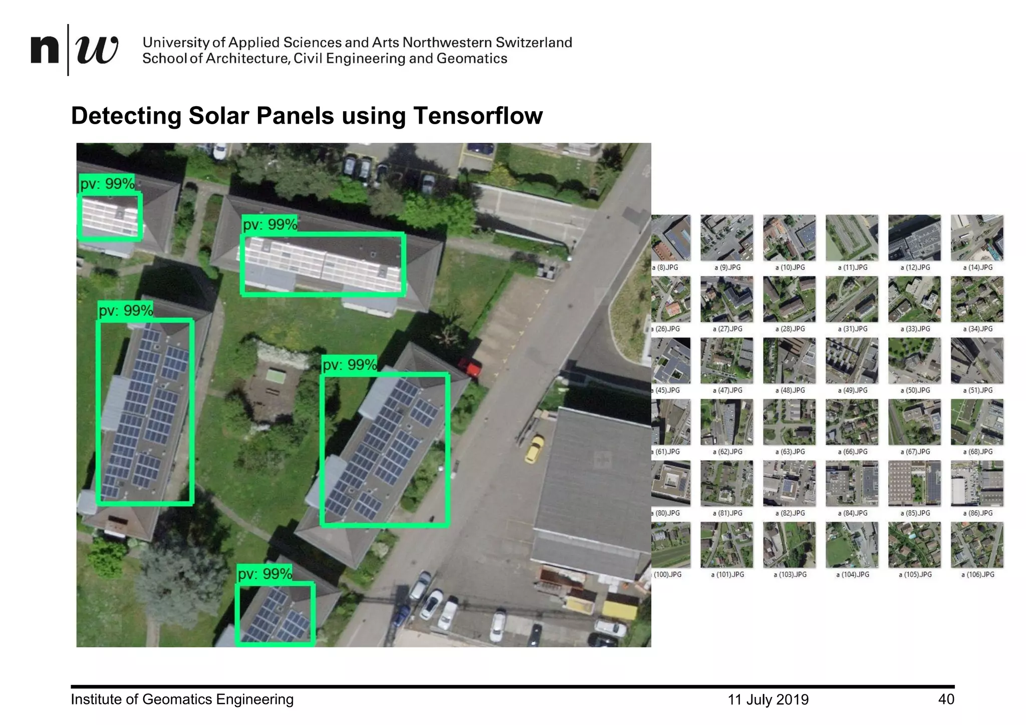 11 July 2019Institute of Geomatics Engineering 40 Detecting Solar Panels using Tensorflow 