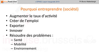 Pr Bruno Wattenbergh« EPHEC Leçon inaugurale 2015
Pourquoi	
  entreprendre	
  (société)	
  
•  Augmenter	
  le	
  taux	
  d’acSvité	
  
•  Créer	
  de	
  l’emploi	
  
•  Exporter	
  
•  Innover	
  	
  
•  Résoudre	
  des	
  problèmes	
  :	
  	
  
–  Santé	
  
–  Mobilité	
  
–  Environnement	
  
 