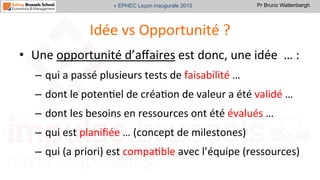 Pr Bruno Wattenbergh« EPHEC Leçon inaugurale 2015
Idée	
  vs	
  Opportunité	
  ?	
  
•  Une	
  opportunité	
  d’aﬀaires	
  est	
  donc,	
  une	
  idée	
  	
  …	
  :	
  
–  qui	
  a	
  passé	
  plusieurs	
  tests	
  de	
  faisabilité	
  …	
  
–  dont	
  le	
  potenSel	
  de	
  créaSon	
  de	
  valeur	
  a	
  été	
  validé	
  …	
  
–  dont	
  les	
  besoins	
  en	
  ressources	
  ont	
  été	
  évalués	
  …	
  
–  qui	
  est	
  planiﬁée	
  …	
  (concept	
  de	
  milestones)	
  
–  qui	
  (a	
  priori)	
  est	
  compaSble	
  avec	
  l’équipe	
  (ressources)	
  
 