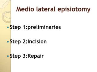 Medio lateral episiotomy

 Step   1:preliminaries

 Step   2:Incision

 Step   3:Repair
 