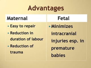Advantages
Maternal                     Fetal
   Easy to repair        Minimizes
   Reduction in          intracranial
    duration of labour
                          injuries esp. in
   Reduction of
                          premature
    trauma
                          babies
 