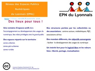 Des lieux pour tous ! Une centaine d'espaces actifs  dans l' accompagnement au développement des usages du numérique , des relais privilégiés avec le grand public Des espaces répartis sur le territoire zones urbaines zones péri-urbaines zones rurales Des structures portées par les collectivités ou des associations  :  centres sociaux, médiathèques, MJC, associations ad-hoc 