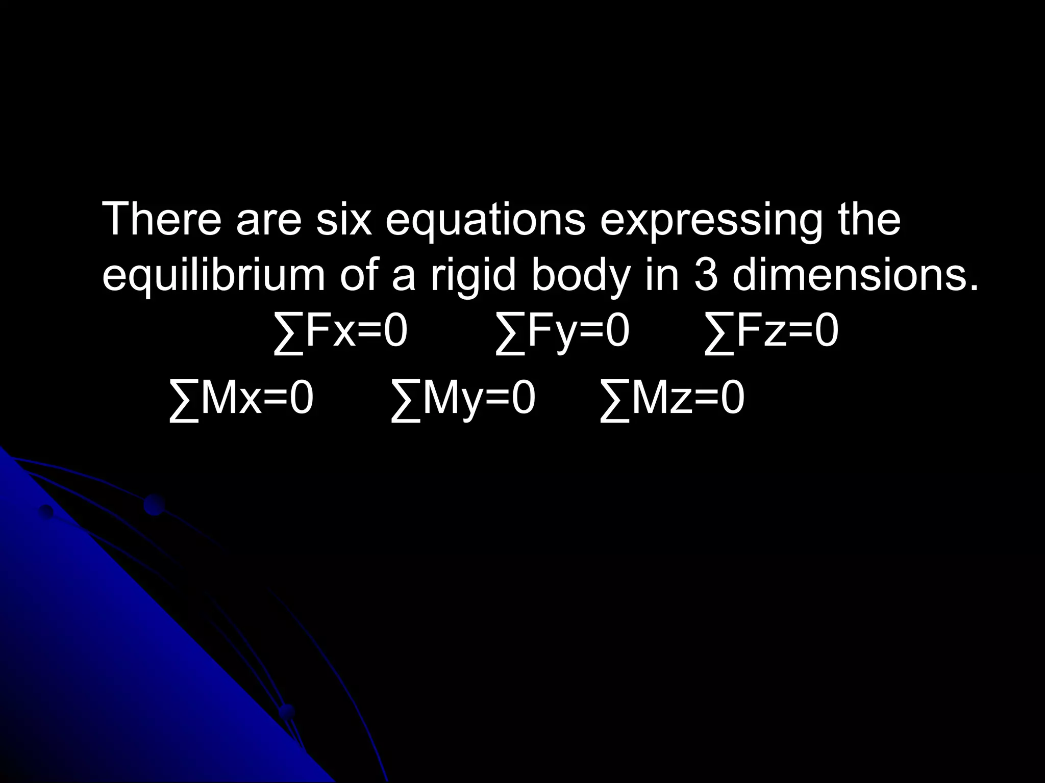 There are six equations expressing the
equilibrium of a rigid body in 3 dimensions.
∑Fx=0
∑Fy=0
∑Fz=0
∑Mx=0
∑My=0 ∑Mz=0

 