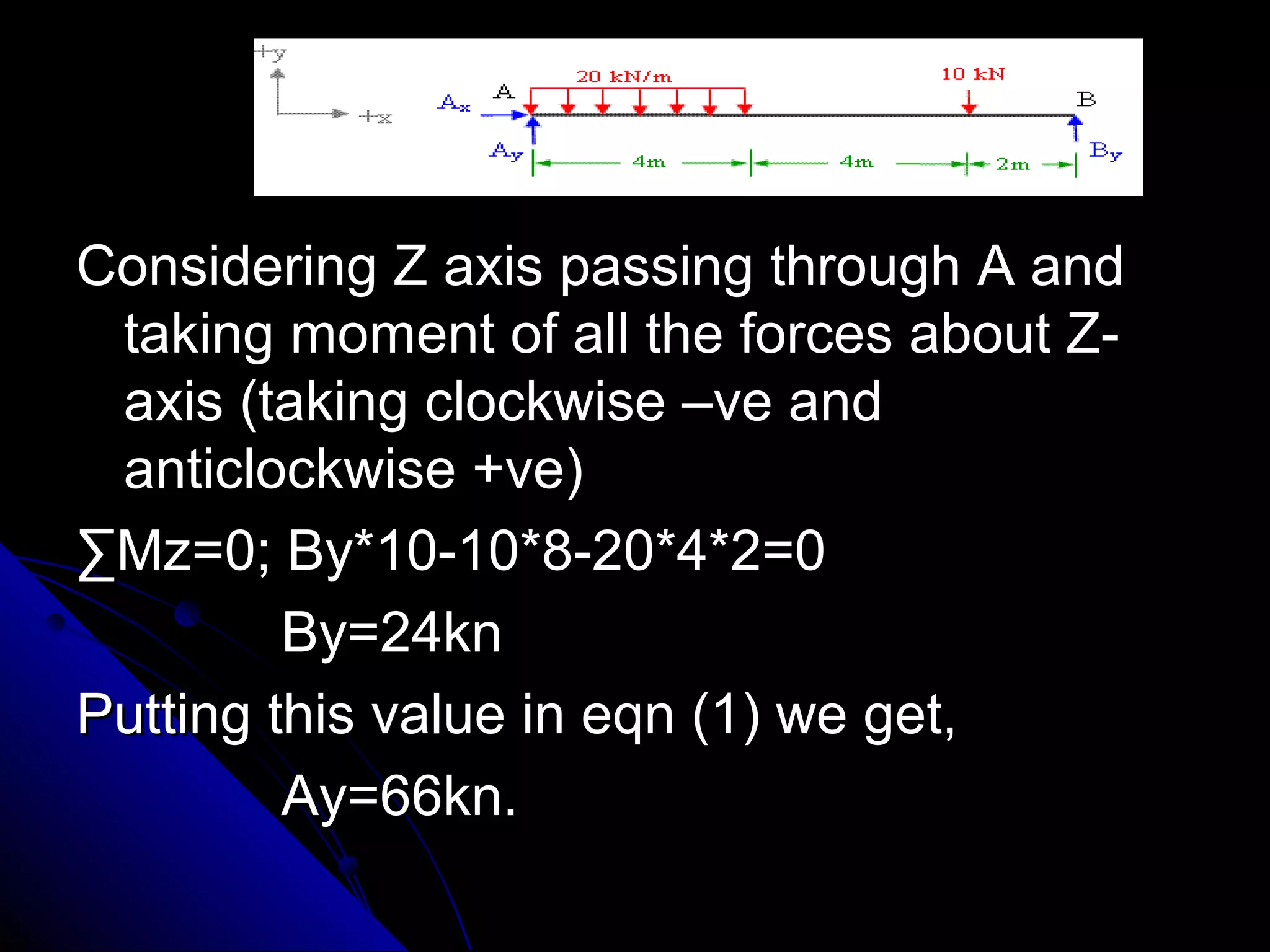 Considering Z axis passing through A and
taking moment of all the forces about Zaxis (taking clockwise –ve and
anticlockwise +ve)
∑Mz=0; By*10-10*8-20*4*2=0
By=24kn
Putting this value in eqn (1) we get,
Ay=66kn.

 
