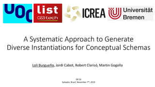 A Systematic Approach to Generate
Diverse Instantiations for Conceptual Schemas
Loli Burgueño, Jordi Cabot, Robert Clarisó, Martin Gogolla
ER’19
Salvador, Brazil, November 7th, 2019
 